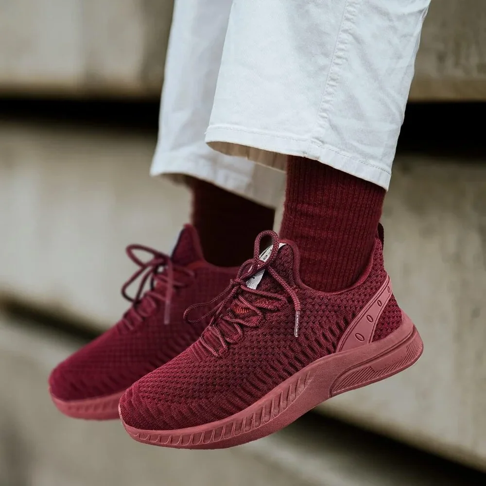 Men's Burgundy Non Slip Lightweight Workout Breathable Mesh Fashion Sneakers - Picture 2 of 6